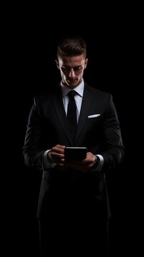 businessman holding a phone, black suit dark background