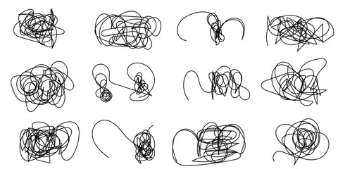 Set of tangled round scribble line. Hand drawn doodle pen style. Messy, chaos, abstract, tangle Vector illustration
