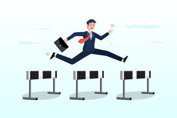 Confident businessman leader jump high over 3 hurdles to be winner, success to win in business competition, overcome obstacles or motivation to solve problem and lead company achievement (Vector)