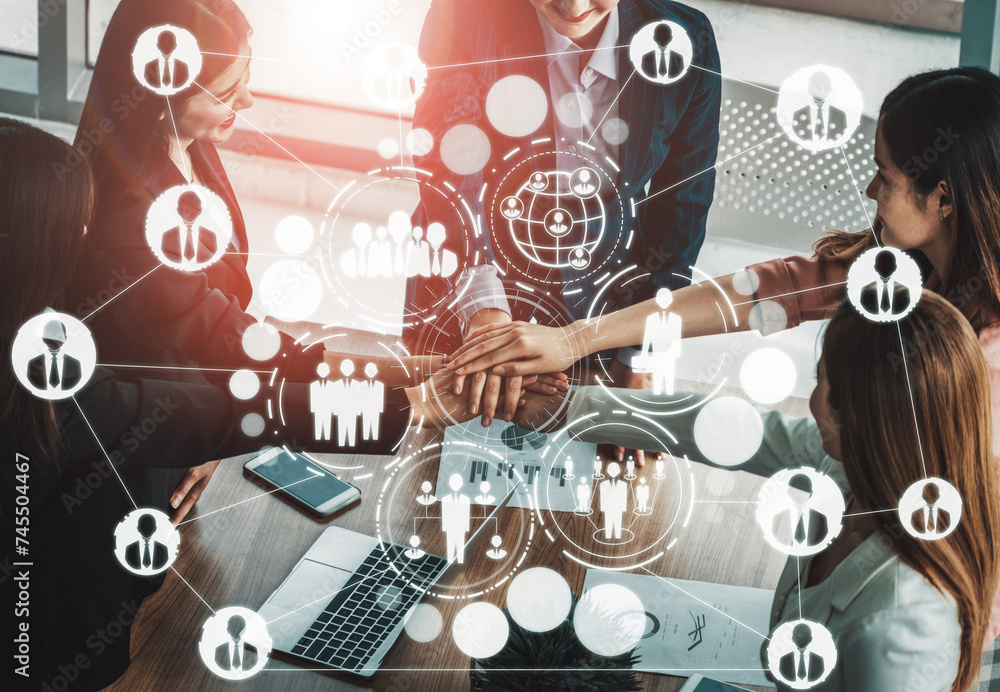 Poster human resources recruitment and people networking concept. modern graphic interface showing professi