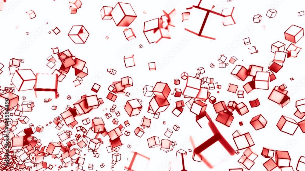 Poster Abstract spreading stream of 3d cubes. Motion. Silhouettes of small flying and rotating cubes.