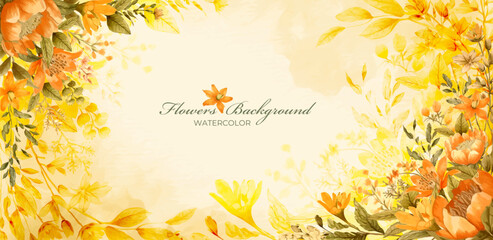 Orange wild flower and botanical leaves banner background with watercolor - 745504453