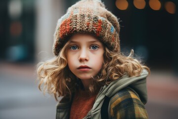 Portrait of a beautiful little girl with curly hair in a knitted hat