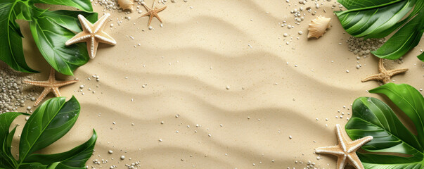 Summer background tropical sand beach tropical leaves and starfish, Flat lay top view - obrazy, fototapety, plakaty
