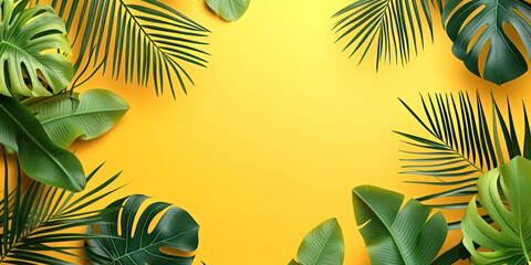 Fototapeta na wymiar Summer background tropical leaves on yellow