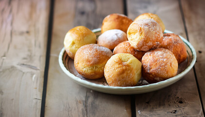 Small balls of freshly baked homemade cottage cheese doughnuts in a plate on a wooden background. Rustic style. selective focus and soft blurred edge