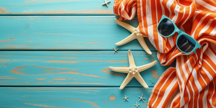Top view summer holiday background, towels shorts, sunglasses, starfish, on blue wood background