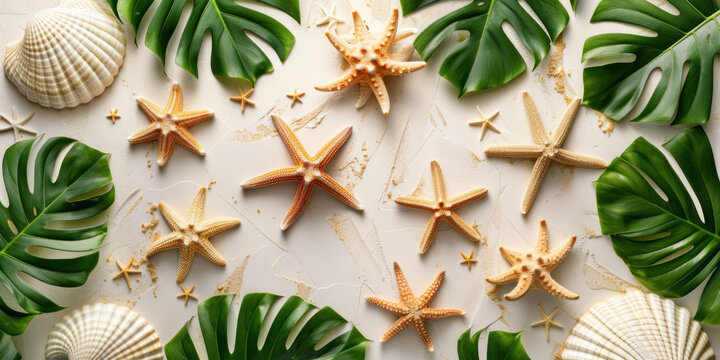 Flat lay Summer background tropical leaves and starfish, Top view