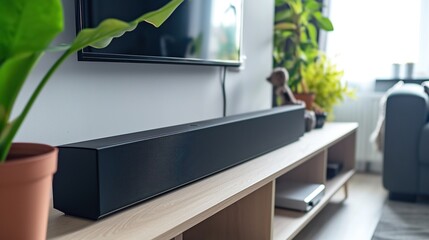 Soundbar in modern cozy living room, enjoy listening the music