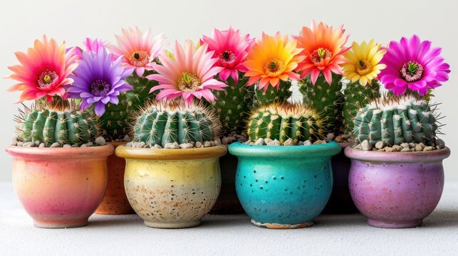 a cactus in a pot amidst a vibrant arrangement of spring and summer flowers, capturing the essence of a blooming garden with pink and yellow blossoms