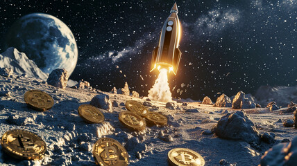 Bitcoin rocket launch crypto liftoff concept