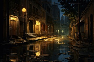 Fototapeta premium City night lights wet. Travel view. Generate Ai