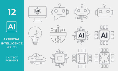 Artificial Intelligence Line Icons set. Vector illustration modern style icons of AI technology and possibilities, machine learning, smart robotics, chatbot.