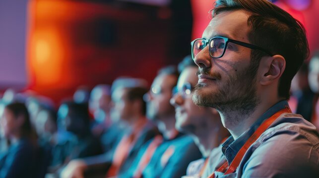 The audience at a tech conference is engrossed and enjoying an informative presentation.