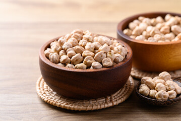 Organic dried chickpea in wooden bowl with spoon, Healthy food ingredient