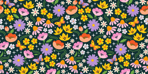 Vector seamless floral pattern in retro style on dark background with flowers and stars. Vivid colourful groovy flower pattern design. - 745506032