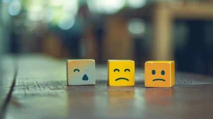 Wooden dice game pieces. Abstract emoji faces. Concept art depression, sadness, mental health. Five stages of grief.  - obrazy, fototapety, plakaty