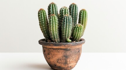 A cactus with flowers in a pot isolated against a white background, showcasing its sharp thorns and succulent nature, perfect for home gardening