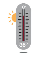 36° C. Design thermometer weather forecast. Warm temperature concept with sun