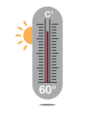 60° C. Design thermometer weather forecast. Warm temperature concept with sun