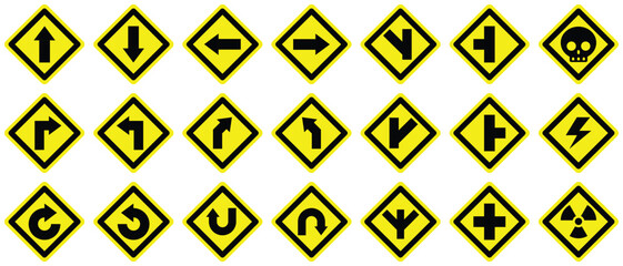 set curve u turn right left forward back yellow junction loop split road danger warning sign. exclamation, hazard sign symbol logo design for web mobile isolated white background illustration.