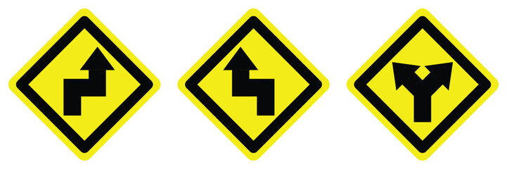 set yellow double sharp turns right left arrow split road traffic warning caution sign direction icon. exclamation, hazard sign symbol logo design for web mobile isolated white background illustration