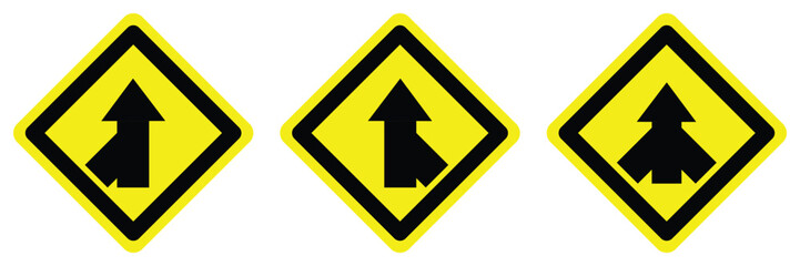 yellow double sharp turns right left arrow split road forward go ahead traffic warning caution sign. exclamation, hazard sign symbol logo design for web mobile isolated white background illustration.