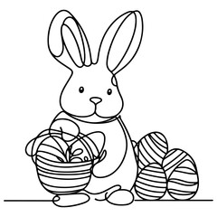 Obraz premium Hand drawn black line art rabbit easter egg doodle coloring linear style vector illustration elements. one continuous line drawing bunny with eggs Editable stroke outline
