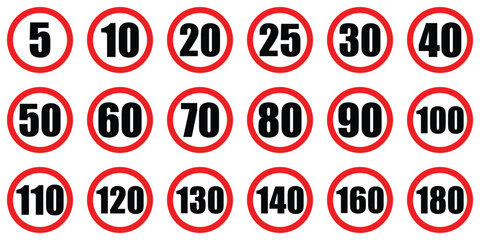 set maximum road Prohibitory sign shows caution warning traffic speed limit kilometres per hour. Speedometer indicators warning coution symbol collection for web mobile isolated white background