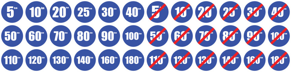 set road mandatory sign maximum and end of minimum traffic speed limit kilometres per hour. Speedometer indicators warning coution symbol collection web mobile isolated white background illustration