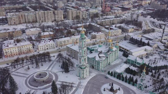 Winter view from a drone of the Spaso-Preobrazhensky Cathedral in the city center and residential areas in Tambov, Russia.