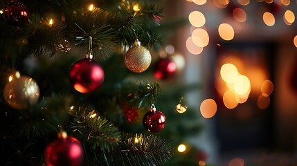 Obraz na płótnie Canvas Close up christmas tree with red balls and stars decoration