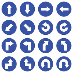 set u sharp turn curve keep right left straight back arrow road traffic blue mandatory sign icon. warning primited cross road symbol logo design for web mobile isolated white background illustration.