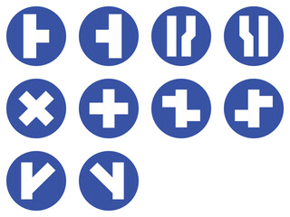 set blue mandatory junction sign u sharp turn curve keep right left straight back road traffic icon, warning primited cross road symbol design for web mobile isolated white background illustration.