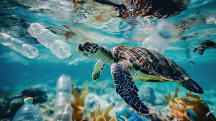 Poster Sea turtle swimming surrounded plastics trash, against a clear blue ocean background © Hanasta