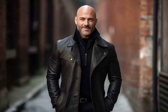 Portrait of a handsome mature man wearing a black leather jacket in a city street.