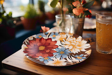An intricately designed disposable paper coaster with floral patterns on a dining table - obrazy, fototapety, plakaty