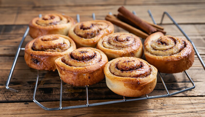 Classic cinnamon rolls - cinnamon won a wire rack. Wooden background. selective focus