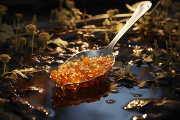 A disposable plastic spoon covered in dried food on a surface - obrazy, fototapety, plakaty
