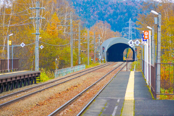鉄道トンネルと秋の風景
