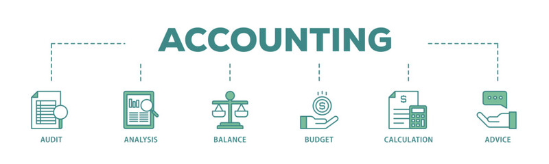 Accounting banner web icon illustration concept with icon of audit, analysis, balance, budget, calculation, and advice icon live stroke and easy to edit 