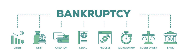 Bankruptcy banner web icon illustration concept with icon of bank ,court order, legal, moratorium, process, creditor, debt, crisis icon live stroke and easy to edit 