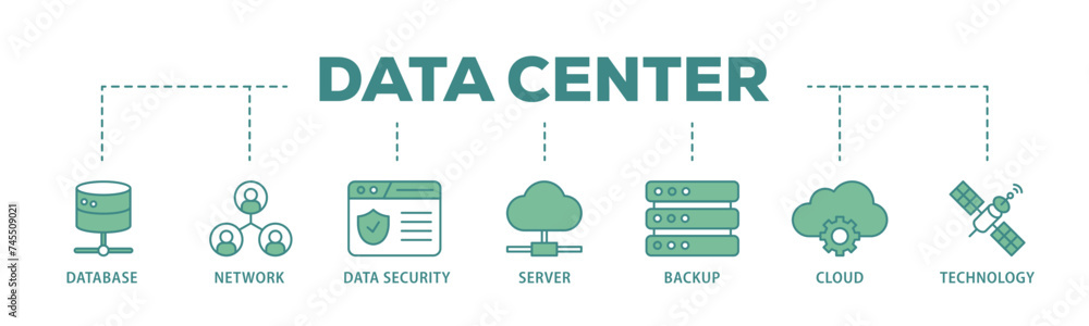 Poster data center banner web icon illustration concept with icon of database, network, data security, serv