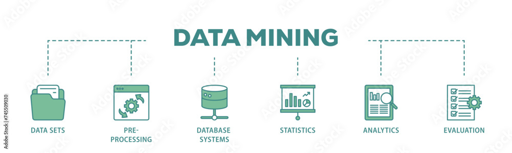 Poster data mining banner web icon illustration concept with icon of data sets, pre processing, database sy