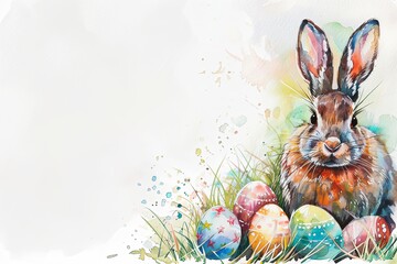 Easter, Water color of Cute Bunny and Easter Eggs with copy space