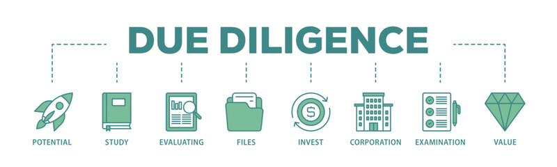 Due diligence banner web icon illustration concept with icon of potential, study, evaluating, files, invest, corporation, examination and value icon live stroke and easy to edit 