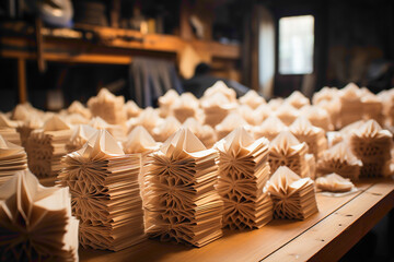 Everyday disposable dust masks arranged on a workshop table - obrazy, fototapety, plakaty