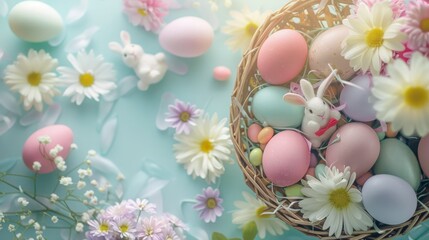 Naklejka na ściany i meble Easter Egg, Cute bunny or Rabbit and Easter Eggs pastel color with copy space