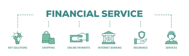 Fototapeta na wymiar Financial service banner web icon illustration concept with icon of key solutions, shopping, online payments, internet banking, insurance and services icon live stroke and easy to edit 