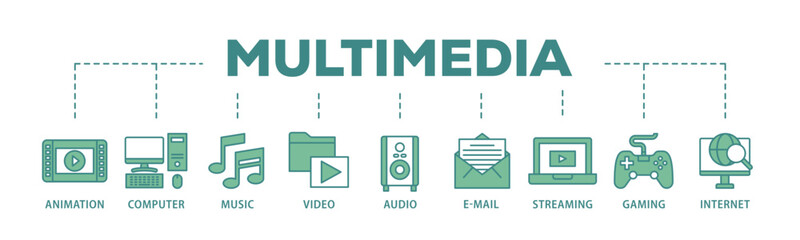 Multimedia banner web icon illustration concept with icon of e mail, video, audio, internet, streaming, gaming, music, computer, animation icon live stroke and easy to edit 